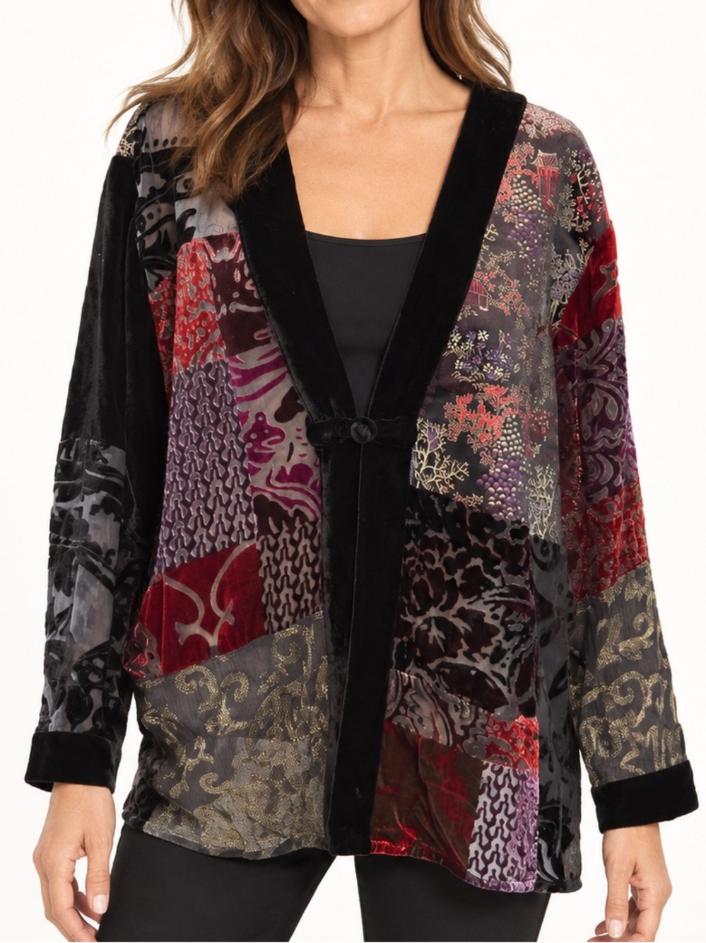 Chico’s Patchwork Burnout Velvet Silk Blend Kimono Jacket Whimsigoth Boho
